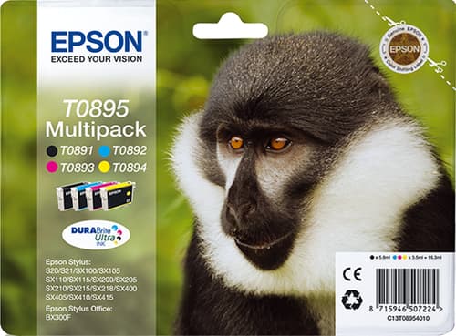 Epson Ink Cartridges, DURABrite" Ultra, T0895, Monkey, Multipack, 1 x 5.8 ml Black, 1 x 3.5 ml Yellow, 1 x 3.5 ml Cyan, 1 x 3.5 ml Magenta