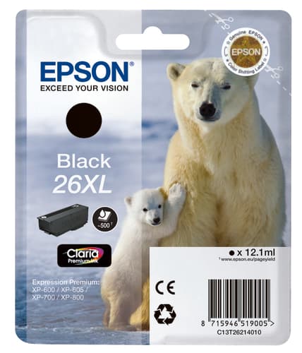 Epson 26XL - 12.2 ml - XL - black - original - ink cartridge - for Expression Premium XP-510, 520, 600, 605, 610, 615, 620, 625, 700, 710, 720, 800, 810, 820