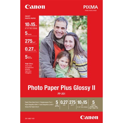 Canon Photo Paper Plus Glossy II PP-201 - High-glossy - 270 micron - 100 x 150 mm - 260 g/m� - 5 sheet(s) photo paper - for PIXMA iP2600, iP2700, iP3500, iP4500, iX7000, MG8250, MP220, MP520, MX7600, MX850, TS7450