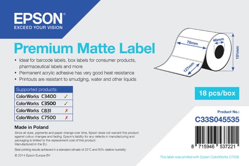 Epson Premium - Die cut matte labels - 76 x 127 mm 265 label(s) ( 1 roll(s) x 265 ) - for Epson TM-C3400-LT, TM C3400, C3400 SecurColor, C3400BK, C3400E, C3400U, C3500