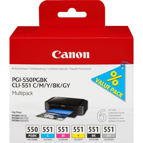 Canon PGI-550 CLI551 - 6496B005 - 1 x grey,1 x Black,1 x Yellow,1 x Cyan,1 x Magenta - Ink tank - For PIXMA iP7250,iP8750,iX6850,MG5550,MG5650,MG6450,MG6650,MG7150,MG7550,MX725,MX925