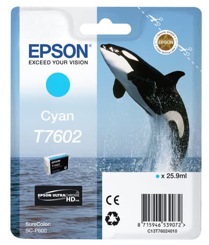 Epson Ink Cartridges, Ultrachrome HD, T7602, Killer Whale, Singlepack, 1 x 25.9 ml Cyan