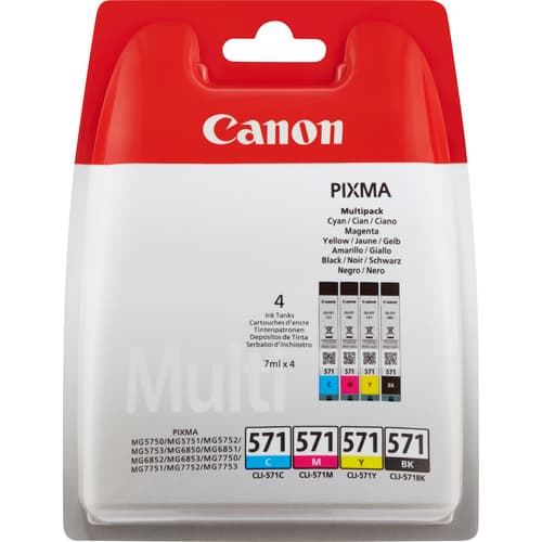 Canon CLI-571 C/M/Y/BK Value Pack - 4-pack - 7 ml - black, yellow, cyan, magenta - original - ink tank - for PIXMA TS5051, TS5053, TS5055, TS6050, TS6051, TS6052, TS8051, TS8052, TS9050, TS9055