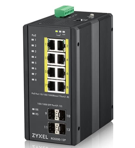 Zyxel RGS200-12P - Switch - Managed - 8 x 10/100/1000 (PoE+) + 4 x SFP - DIN rail mountable, rack-mountable - PoE+ (240 W) - DC power