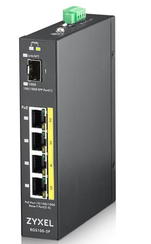 Zyxel RGS100-5P - Switch - unmanaged - 4 x 10/100/1000 (PoE+) + 1 x Fast Ethernet/Gigabit SFP - DIN rail mountable, rack-mountable - PoE+ (120 W) - DC power