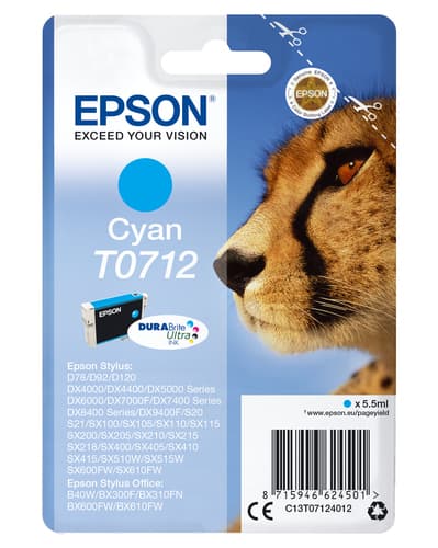 Epson Ink Cartridges, DURABrite" Ultra, T0712, Cheetah, Singlepack, 1 x 5.5 ml Cyan