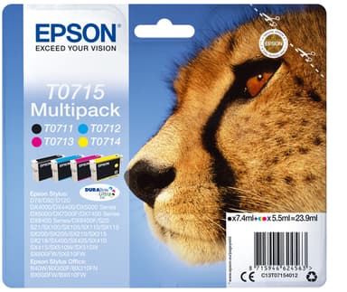 Epson Ink Cartridges, DURABrite" Ultra, T0715, Cheetah, Multipack, 1 x 5.5 ml Yellow, 1 x 5.5 ml Cyan, 1 x 5.5 ml Magenta, 1 x 7.4 ml Black