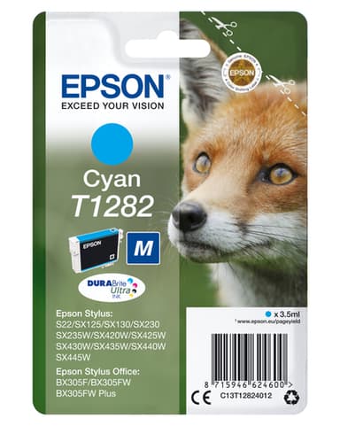 Epson Ink Cartridges, DURABrite" Ultra, T1282, Fox, Singlepack, 1 x 3.5 ml Cyan, M