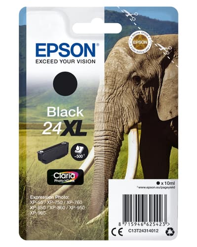 Epson Ink Cartridges, Claria" Photo HD Ink, 24XL, Elephant, Singlepack, 1 x 10.0 ml Black