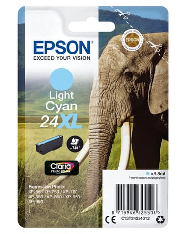 Epson Ink Cartridges, Claria" Photo HD Ink, 24XL, Elephant, Singlepack, 1 x 9.8 ml Light Cyan