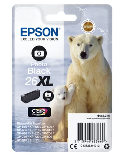 Epson Ink Cartridges, Claria" Premium Ink, 26XL, Polar bear, Singlepack, 1 x 8.7 ml Photo Black