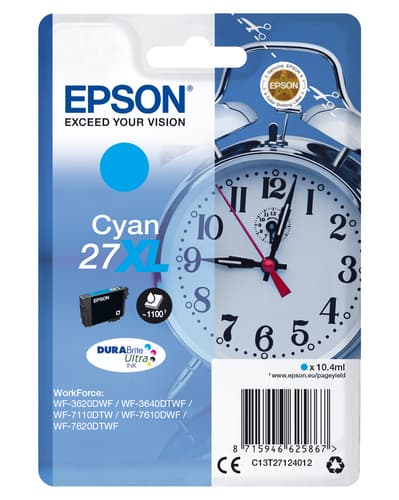 Epson Ink Cartridges, DURABrite" Ultra, 27XL, Alarm clock, Singlepack, 1 x 10.4 ml Cyan, XL