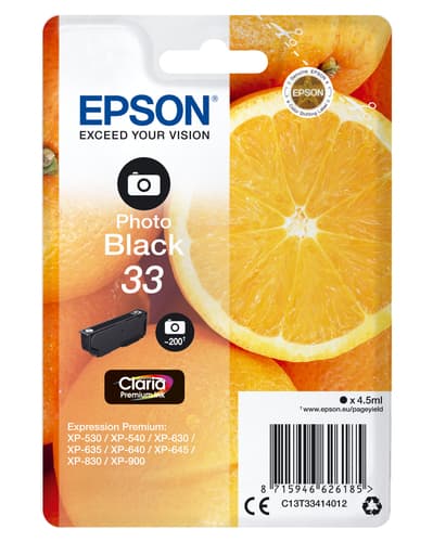 Epson Ink Cartridges, Claria" Premium Ink, 33, Oranges, Singlepack, 1 x 4.5 ml Photo Black, Standard