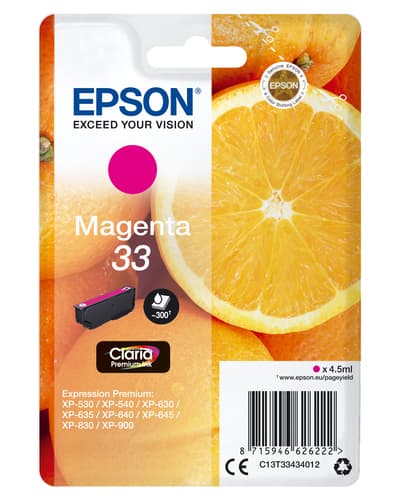 Epson Ink Cartridges, Claria" Premium Ink, 33, Oranges, Singlepack, 1 x 4.5 ml Magenta, Standard