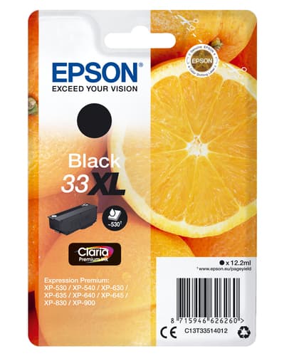 Epson Ink Cartridges, Claria" Premium Ink, 33, Oranges, Singlepack, 1 x 12.2 ml Black, High, XL