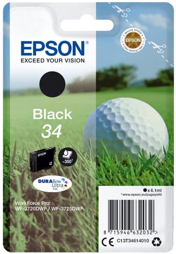 Epson Ink Cartridges, DURABrite" Ultra, 34, Golf ball, Singlepack, 1 x 6.1 ml Black