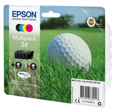Epson Ink Cartridges, DURABrite" Ultra, 34, Golf ball, Multipack, 1 x 6.1 ml Black, 1 x 4.2 ml Cyan, 1 x 4.2 ml Yellow, 1 x 4.2 ml Magenta