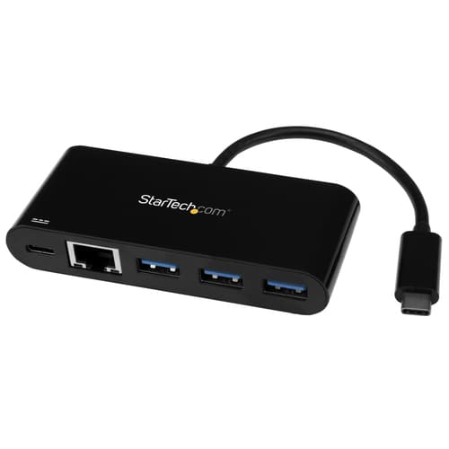 StarTech.com 3 Port USB-C Hub with Gigabit Ethernet & 60W Power Delivery Passthrough Laptop Charging, USB-C to 3x USB-A (USB 3.0 SuperSpeed 5Gbps), USB 3.1/USB 3.2 Gen 1 Type-C Adapter Hub - Windows/macOS/Linux (HB30C3AGEPD) - Hub - 3 x SuperSpeed USB 3.0 + 1 x 10/100/1000 - desktop