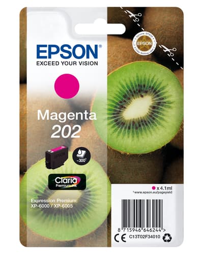 Epson Ink Cartridges, Claria" Premium Ink, 202, Kiwi, Singlepack, 1 x 4.1ml Magenta, Standard