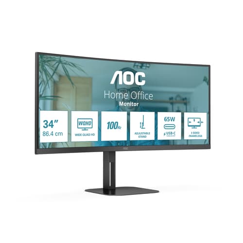 AOC Value-line CU34V5C/BK - V5 series - LED monitor - curved - 34" - 3440 x 1440 WQHD @ 100 Hz - VA - 300 cd/m� - 3000:1 - 4 ms - HDMI, DisplayPort, USB-C - speakers - matte black