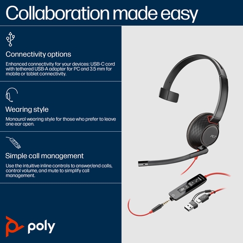 Poly Blackwire 5210 - Blackwire 5200 series - headset - on-ear - wired - 3.5 mm jack, USB-C - black - Certified for Microsoft Teams, Certified for Skype for Business, Cisco Jabber Certified, Avaya Certified, Works With Chromebook Certified, Zoom Certified, UC certified — image 1