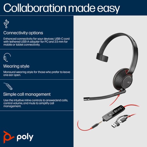 Poly Blackwire 5210 - Blackwire 5200 series - headset - on-ear - wired - 3.5 mm jack, USB-C - black - Certified for Microsoft Teams, Certified for Skype for Business, Cisco Jabber Certified, Avaya Certified, Works With Chromebook Certified, Zoom Certified, UC certified — image 1
