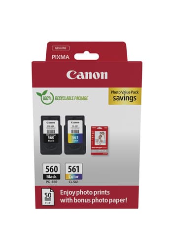 Canon PG-560/CL-561 Photo Value Pack - Glossy - 2-pack - black, colour (cyan, magenta, yellow) - original - hanging box - ink cartridge / paper kit - for PIXMA TS5350, TS5350a, TS5350i, TS5351, TS5351a