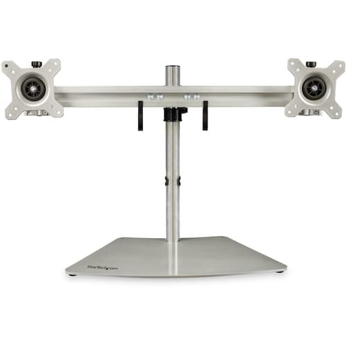 StarTech.com Dual Monitor Stand, Ergonomic Free Standing Dual Monitor Desktop Stand for two 24" VESA Mount Displays, Synchronized Height Adjustable, Double Monitor Pole Mount, Silver