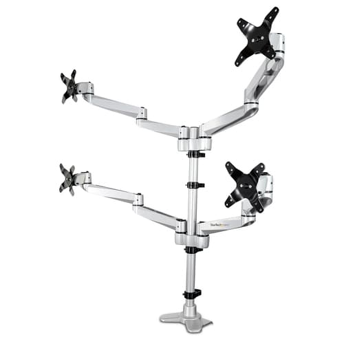 StarTech.com Desk Mount Quad Monitor Arm, Premium Articulating VESA 4 Monitor Mount 2x2 up to 27", Ergonomic Height Adjustable Pole Mount, Tilt/Swivel/Rotate, C-Clamp/Grommet, Silver - Heavy-duty VESA Mount (ARMQUADPS) - Mounting kit - adjustable arm - for 4 monitors - aluminium - silver - screen size: 13"-27" - desk-mountable - TAA Compliant