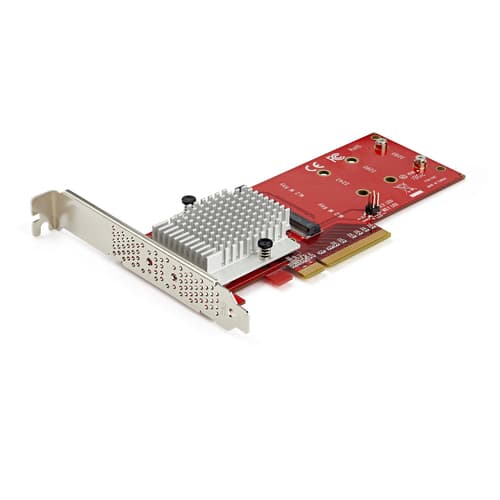 StarTech.com Dual M.2 PCIe SSD Adapter Card, x8 / x16 Dual NVMe or AHCI M.2 SSD to PCI Express 3.0, M.2 NGFF PCIe (M-Key) Compatible, Vented, Supports 2242, 2260, 2280, JBOD, Mac & PC - Full/Low-Profile Brackets (PEX8M2E2) - Interface adapter - M.2 - Expansion Slot to M.2 - M.2 Card - low profile - PCIe 3.0 x8 - red - TAA Compliant