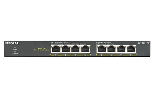 NETGEAR GS308PP - Switch - unmanaged - 8 x 10/100/1000 (PoE+) - desktop, wall-mountable - PoE+ (83 W) - DC power
