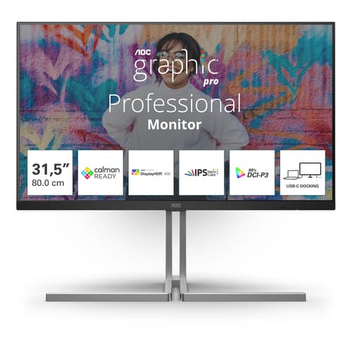 AOC U32U3CV - Graphic Pro Series - LED monitor - 32" (31.5" viewable) - 3840 x 2160 4K @ 60 Hz - Nano IPS - 400 cd/m� - 1000:1 - DisplayHDR 400 - 4 ms - 2xHDMI, DisplayPort, 2xUSB-C - speakers - black