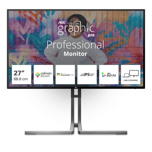 AOC U27U3CV - Graphic Pro Series - LED monitor - 27" - 3840 x 2160 4K @ 60 Hz - Nano IPS - 350 cd/m� - 1300:1 - DisplayHDR 400 - 4 ms - 2xHDMI, DisplayPort, 2xUSB-C - speakers - black