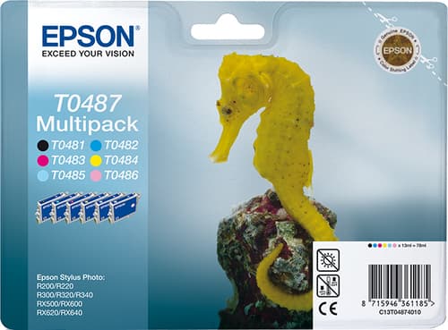 Epson Ink Cartridges, T0487, Seahorse, Multipack, 1 x 13.0 ml Yellow, 1 x 13.0 ml Black, 1 x 13.0 ml Light Cyan, 1 x 13.0 ml Magenta, 1 x 13.0 ml Cyan, 1 x 13.0 ml Light Magenta