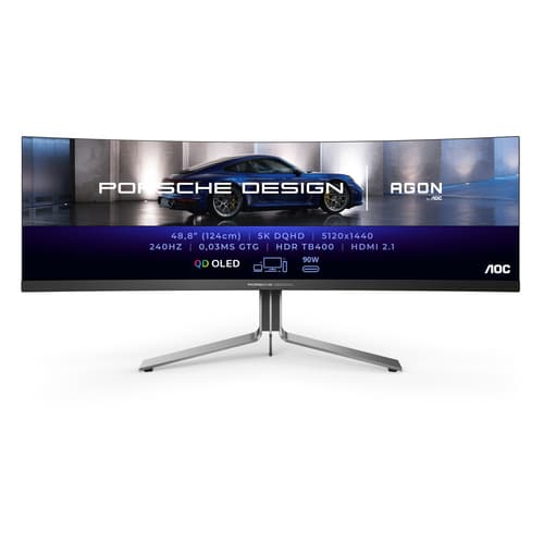 AOC AGON PRO PD49 Porsche Design - OLED monitor - gaming - curved - USB - 49" - 5120 x 1440 5K @ 240 Hz - 3000:1 - DisplayHDR 400 True Black - 0.03 ms - 2xHDMI, 2xDisplayPort, USB-C - speakers - black, silver