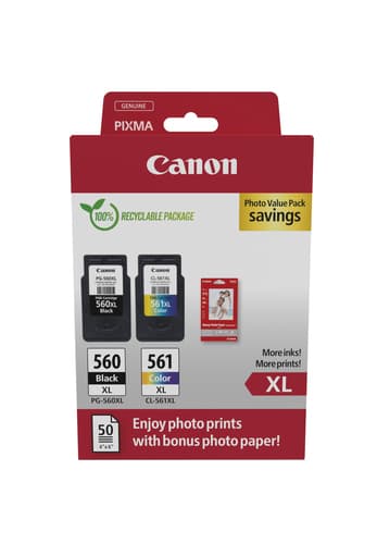 Canon PG-560XL/CL-561XL Photo Value Pack - Glossy - 2-pack - High Yield - black, colour (cyan, magenta, yellow) - original - hanging box - ink cartridge / paper kit - for PIXMA TS5350, TS5351, TS5352, TS5353, TS7450