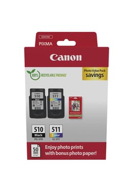 Canon PG-510/CL-511 Photo Paper Value Pack - 2-pack - black, colour (cyan, magenta, yellow) - original - hanging box - ink cartridge / paper kit - for PIXMA iP2700, MP230, MP252, MP272, MP280, MP282, MP492, MP495, MP499, MX360, MX410, MX420