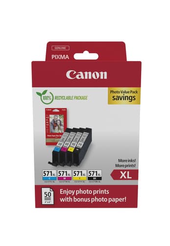 Canon CLI-571 XL C/M/Y/BK Photo Value Pack - 4-pack - 11 ml - High Yield - black, yellow, cyan, magenta - original - hanging box - ink tank / paper kit - for PIXMA TS5051, TS5053, TS5055, TS6050, TS6051, TS6052, TS8051, TS8052, TS9050, TS9055