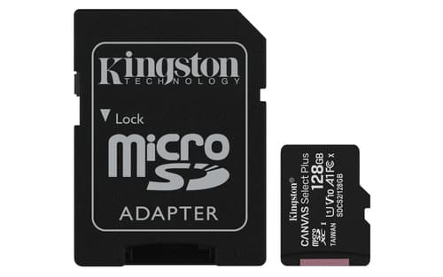 Kingston Canvas Select Plus - Flash memory card (microSDXC to SD adapter included) - 128 GB - A1 / Video Class V10 / UHS Class 1 / Class10 - microSDXC UHS-I