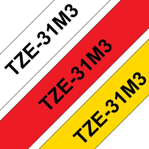Brother TZe-31M3 - Black on red, black on white, black on yellow - Roll (1.2 cm x 8 m) 3 cassette(s) laminated tape - for P-Touch PT-1000, 1010, 1080, 1090, 1280, 1830, 3600, 7500, 7600, 900, E100, E550, H100