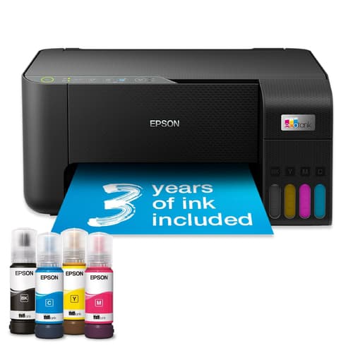 Epson EcoTank ET-2862. A4 Colour EcoTank Multifunction printer. 5,760x1,440 DPI. 33 ppm Mono. 15 ppm Colour. 100 sheet tray. One set of inks prints up to 4,500 pages in black and 7,500 pages in colour. USB, WiFi, MacOS, Windows IOS and Android