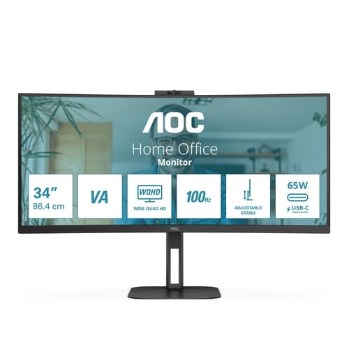 AOC Value-line CU34V5CW/BK - V5 series - LED monitor - curved - 34" - 3440 x 1440 WQHD @ 100 Hz - VA - 300 cd/m� - 3000:1 - 4 ms - HDMI, DisplayPort, USB-C - speakers - black