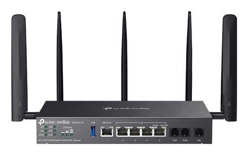 TP-Link Omada DR3650v-4G V1 - Gateway - 1GbE - Wi-Fi 6 - 4G, 3G - 2.4 GHz, 5 GHz - 4G LTE-FDD B1/B3/B5/B7/B8/B20/B28/B32 4G LTE-TDD B38/B40/B41 3G DC-HSDPA/HSPA+/HSDPA/HSUPA/WCDMA B1/B3/B5/B8 - analogue ports: 2 - digital ports: 1 - cloud-managed desktop / wall mountable