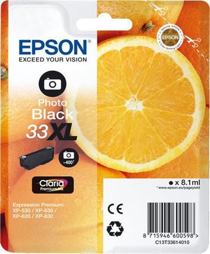 Epson 33 - 8.1 ml - high capacity - photo black - original - blister with RF/acoustic alarm - ink cartridge - for Expression Home XP-635, 830, Expression Premium XP-530, 540, 630, 635, 640, 645, 830, 900