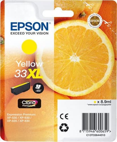 Epson 33XL - 8.9 ml - XL - yellow - original - blister with RF/acoustic alarm - ink cartridge - for Expression Home XP-635, 830, Expression Premium XP-530, 540, 630, 635, 640, 645, 830, 900