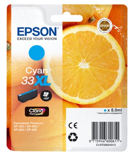 Epson 33XL - 8.9 ml - XL - cyan - original - blister - ink cartridge - for Expression Home XP-635, 830, Expression Premium XP-530, 540, 630, 635, 640, 645, 830, 900