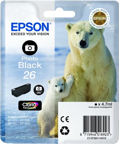 Epson 26 - 4.7 ml - photo black - original - blister with RF/acoustic alarm - ink cartridge - for Expression Premium XP-510, 520, 600, 605, 610, 615, 620, 625, 700, 710, 720, 800, 810, 820