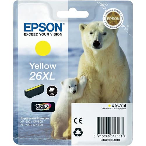 Epson 26XL - 9.7 ml - XL - yellow - original - blister with RF/acoustic alarm - ink cartridge - for Expression Premium XP-510, 520, 600, 605, 610, 615, 620, 625, 700, 710, 720, 800, 810, 820