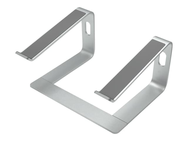 Simple fixed height laptop stand - supports laptop 110 mm above desk - suits full size 12" laptops or larger - laptop angle 10 degrees - anodized cnc aluminium alloy construction - silicon anti skid pads protect laptop and table - silver