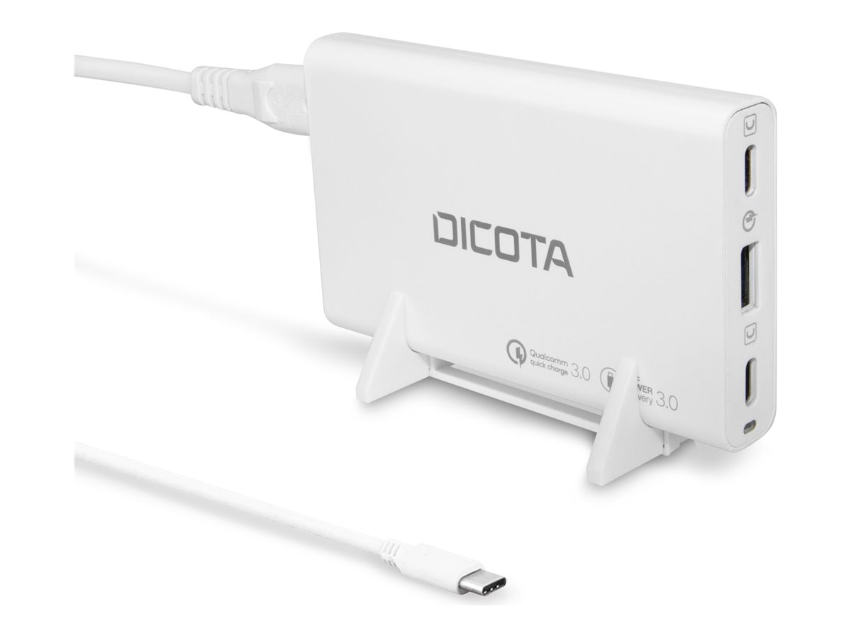 DICOTA - Power adapter - universal - 65 Watt - PD 3.0, QC 4.0+ - 3 output connectors (2 x USB-C, USB) - on cable: USB-C - white